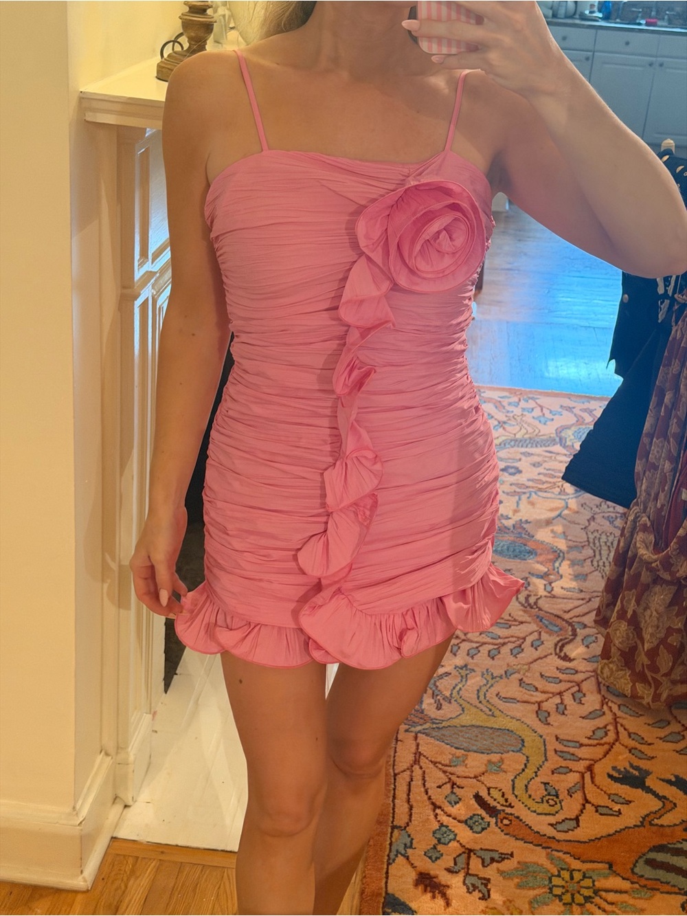 Pink Ruffle Bodycon Mini Dress with Floral Accent